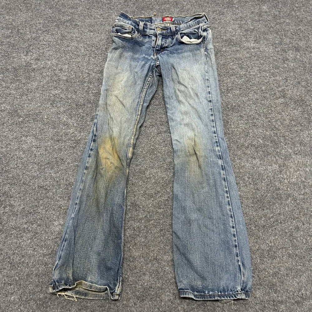 Dickies Jeans Womens Size 1 Blue Bootcut Low Rise Distressed Stained Frayed Hem